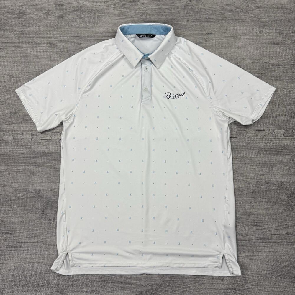 UNRL Polo Shirt Mens Sz M White Blue Barstool Golf AOP Performance Preppy EUC